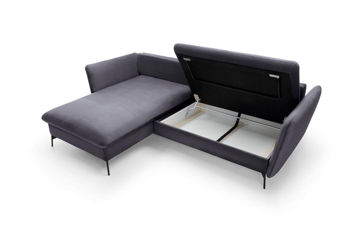 ECKSOFA FERRO Grau Velours-Stoff mit Schlaffunktion - Grau, Holz (258/167cm) - MASSENO