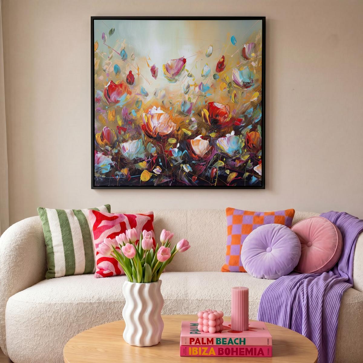 LEINWAND Bilder mit Rahmen - Blumen - Kunst - Natur - Ölgemälde - 90x90 - Multicolor, Textil (90/90cm) - MuchoWow
