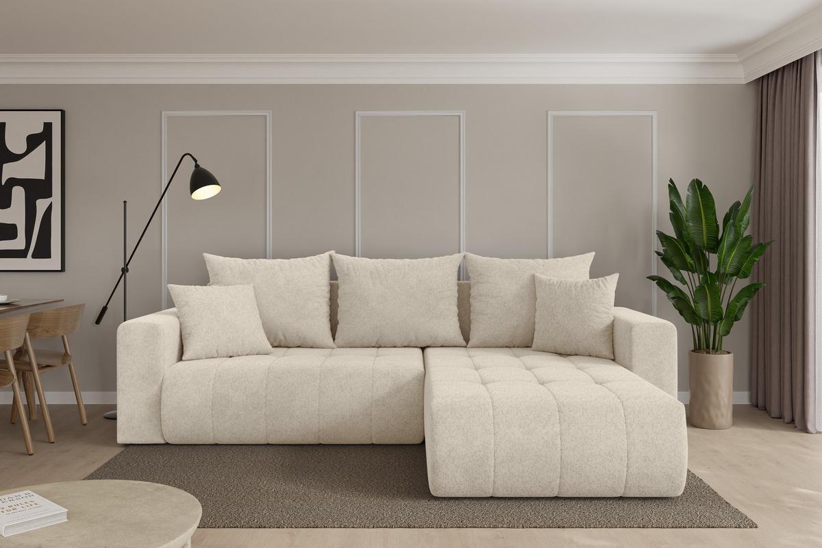 ECKSOFA mit Schlaffunktion Ottomane Rechts MILA-L 277x194x86 Creme Velours - Creme/Schwarz, Holzwerkstoff/Kunststoff (277/194cm) - ALTDECOR