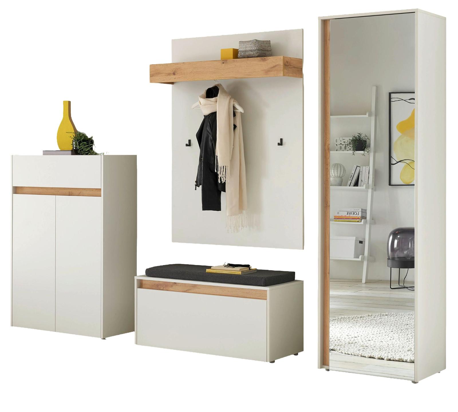 GARDEROBEN-SET 5-teilig weiß matt, Eiche Wotan 265 cm, Flurgarderobe mit viel Stauraum - Eiche Wotan/Schwarz, Glas/Holzwerkstoff (265/200/40cm) - Furn.Design
