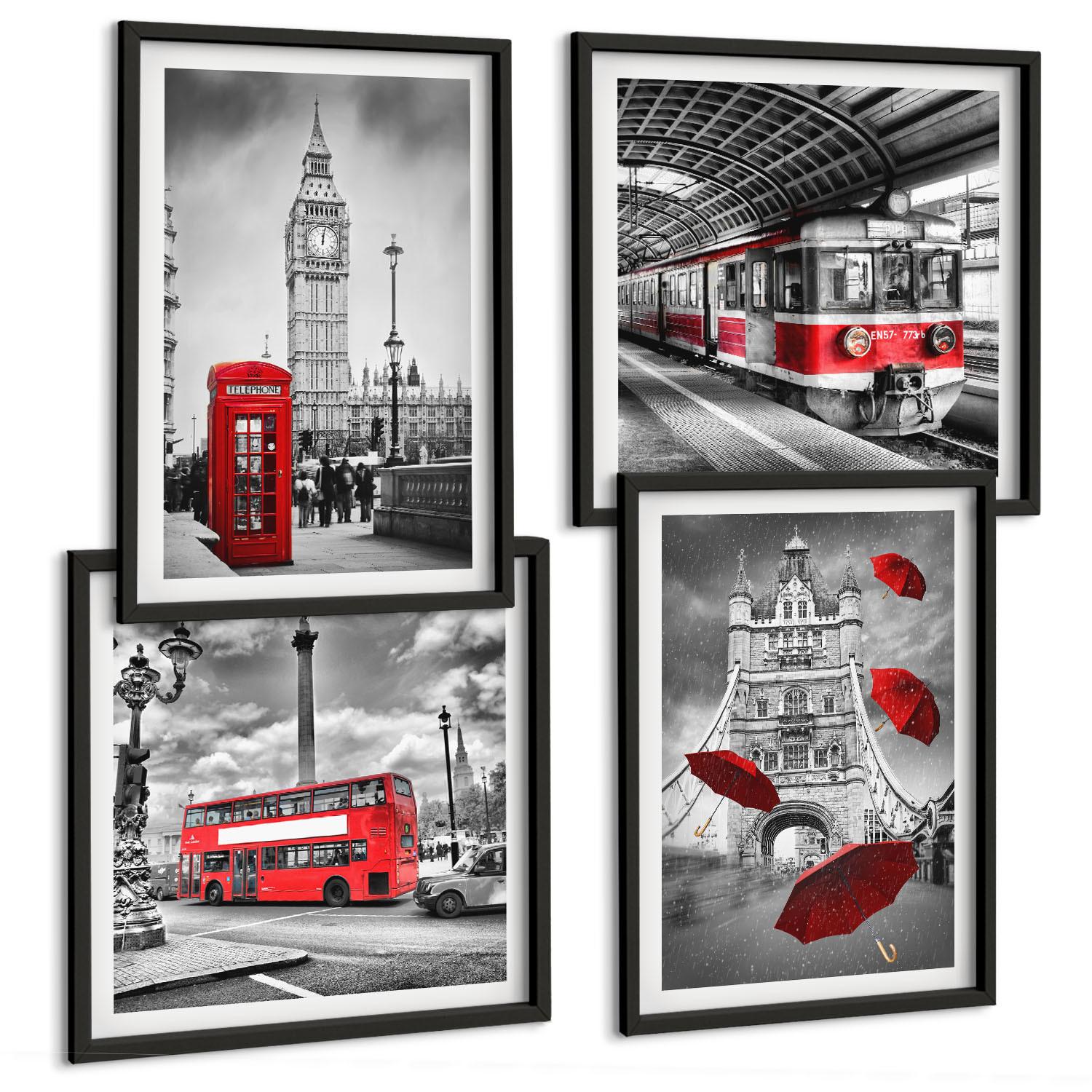 BILDER SET 4er Set - 50x50 cm & 40x60 cm Schwarzer Rahmen - Red Accents London - Schwarz, Kunststoff (50/50cm) - TULUP