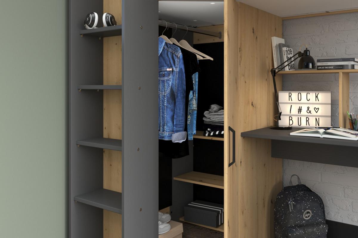 HOCHBETT mit Schreibtisch und Kleiderschrank Bett 90 x 200 cm - Eichefarben/Dunkelgrau, Holzwerkstoff/Kunststoff (90/200cm) - Parisot Meuble