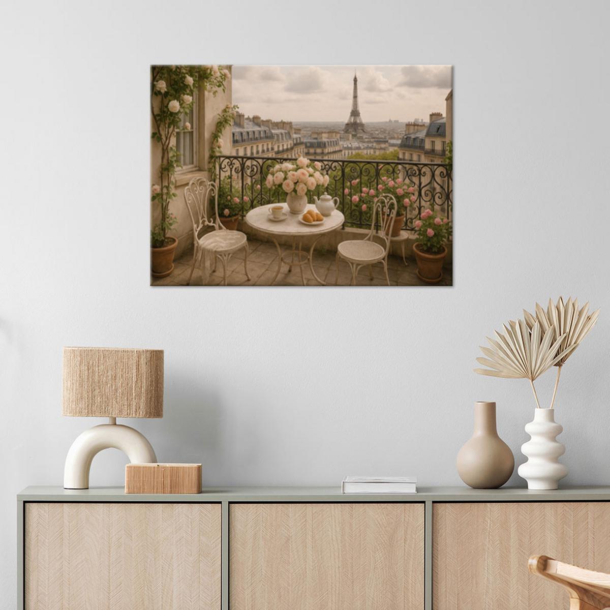 LEINWANDBILD Paris Terrasse Blick auf den Eiffelturm 60x40cm - Beige, Textil (60/40cm) - Feeby