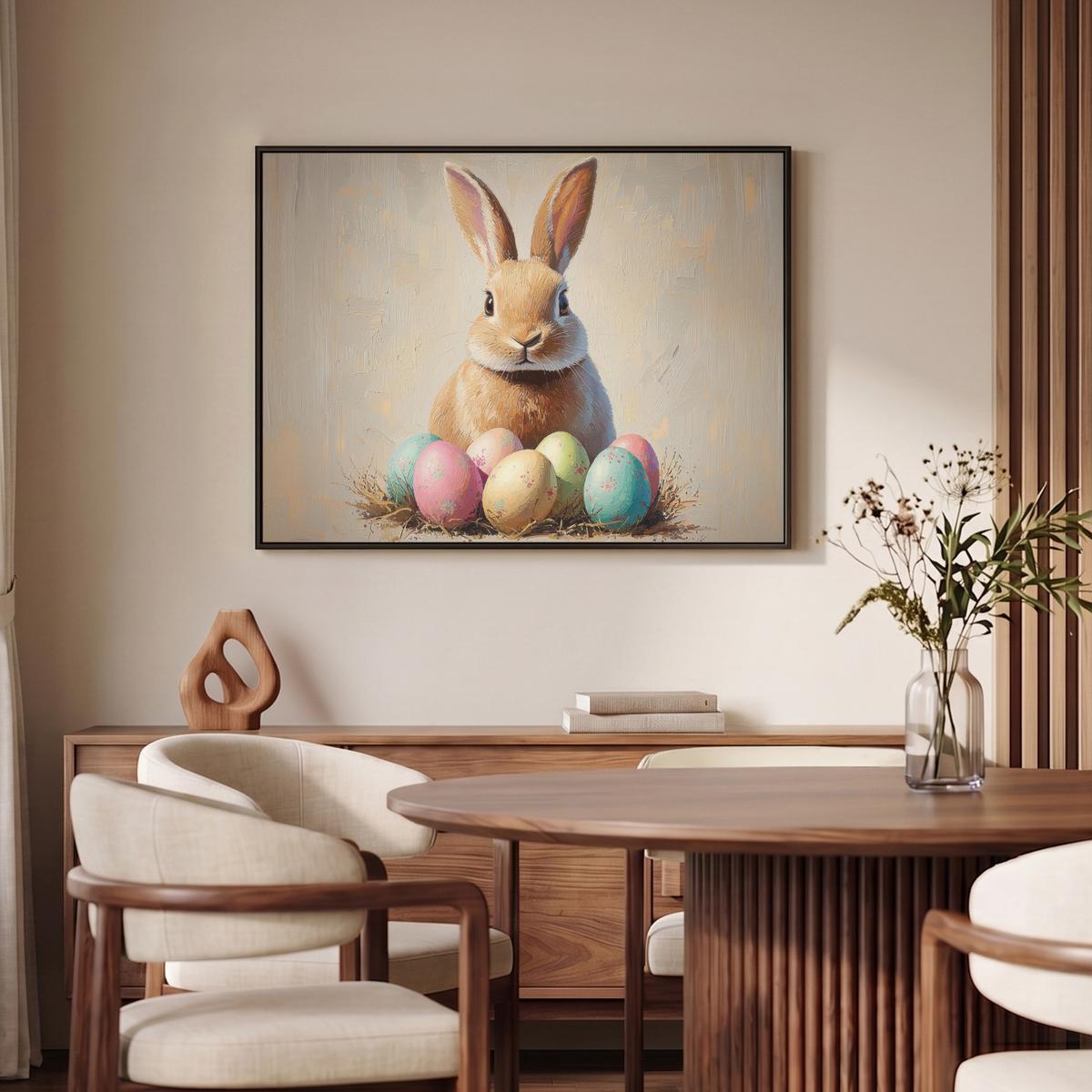 LEINWAND Bilder mit Rahmen - Osterhase - Pastell - Eier - 100x70 - Beige, Textil (100/70cm) - MuchoWow