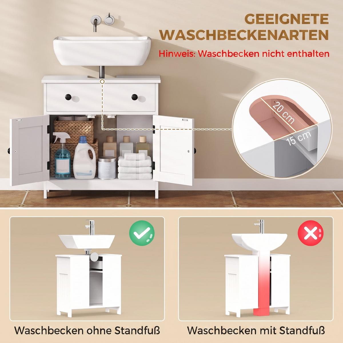 WASCHBECKENUNTERSCHRANK MDF Weiß - Weiß, Holzwerkstoff/Metall (30/60/60cm) - HOMCOM