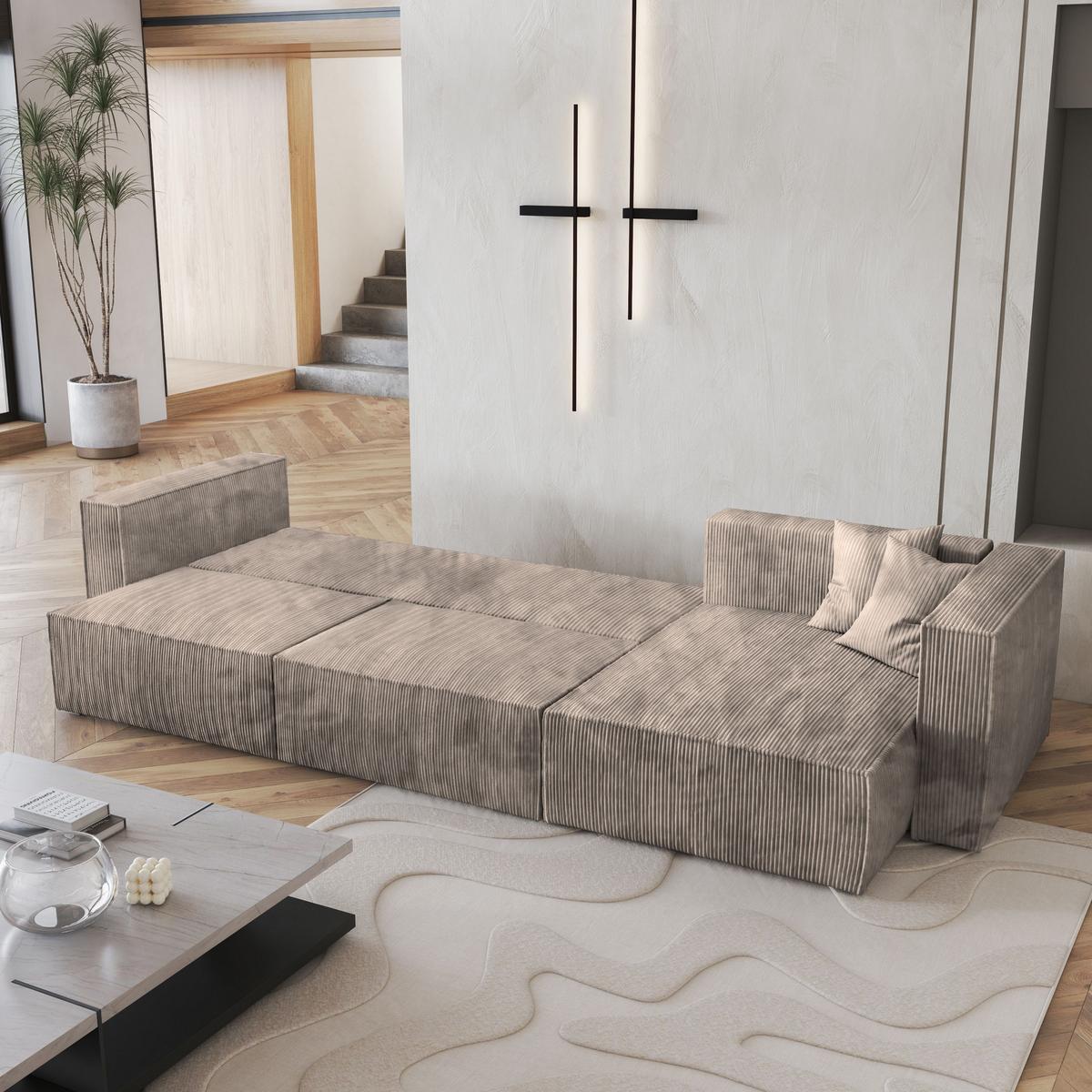 ECKSOFA TOLMO P Beige Kordstoff mit Schlaffunktion - Beige/Grau, Holz/Kunststoff (347/148cm) - MASSENO