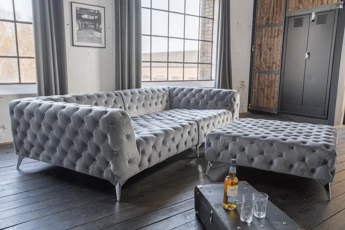 BIG SOFA MIT POLSTERHOCKER NARLA Silber Velvet - Silberfarben, Textil (280/70/140cm) - KAWOLA