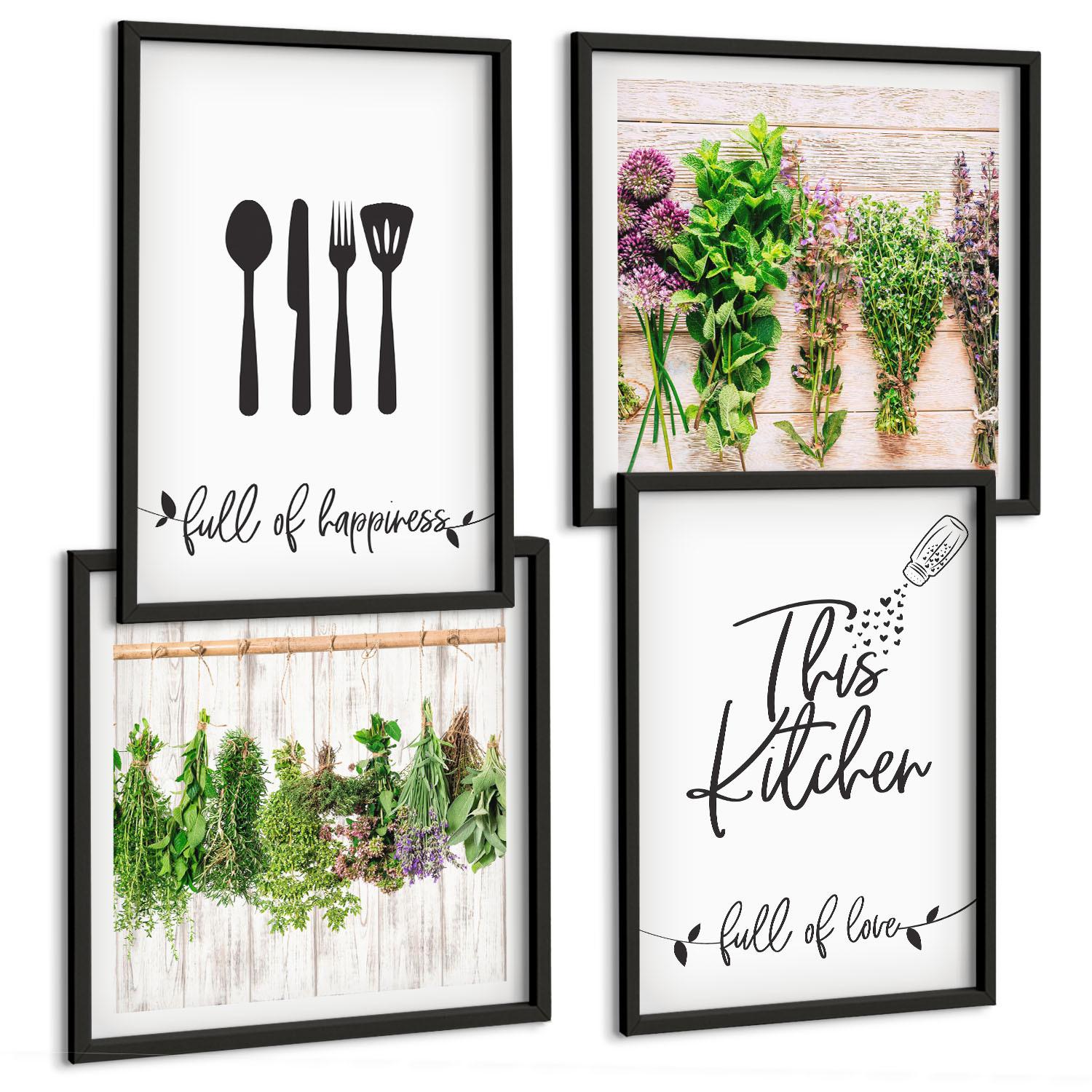 BILDER SET 4er Set - 50x50 cm & 40x60 cm Schwarzer Rahmen - Küchenkräuterpflanzen Beschriftungen - Schwarz, Kunststoff (50/50cm) - TULUP