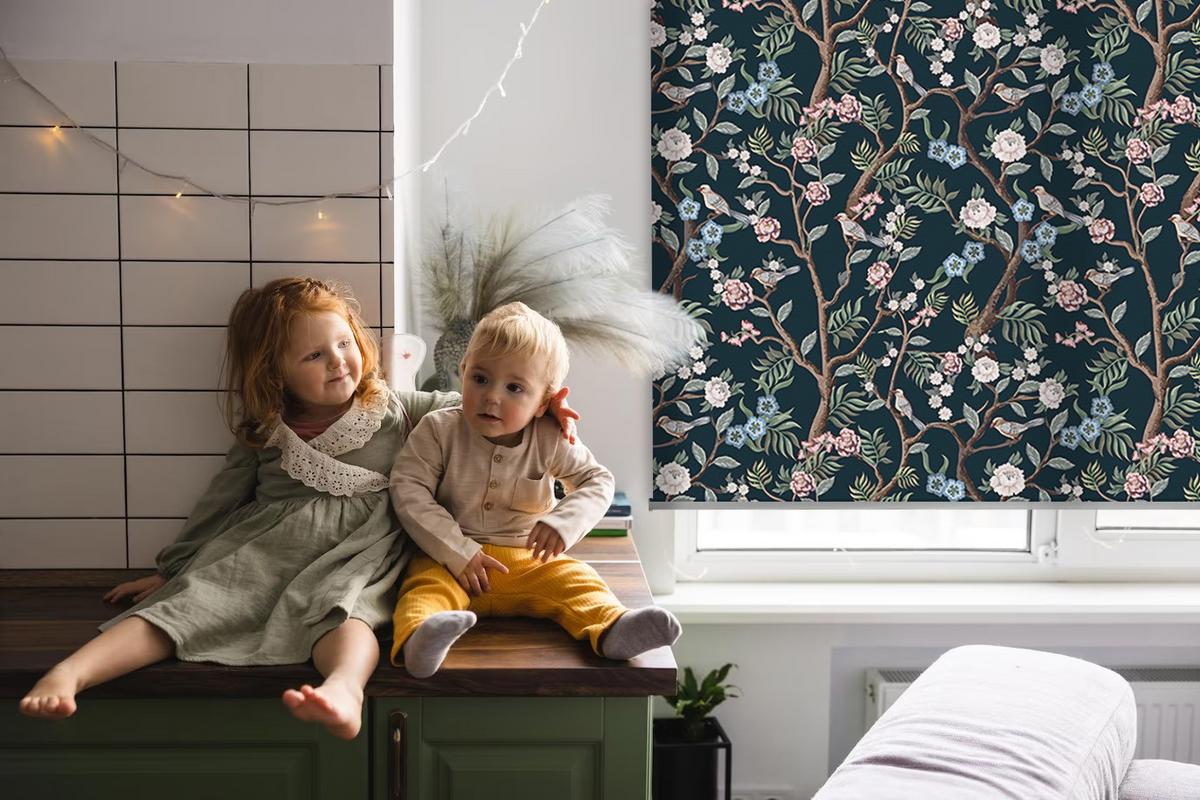 INNENROLLO - Fensterrollo - Rollo - 150x140 cm - Blumenranken - Dunkelblau, Kunststoff (150/140/0.5cm) - TULUP
