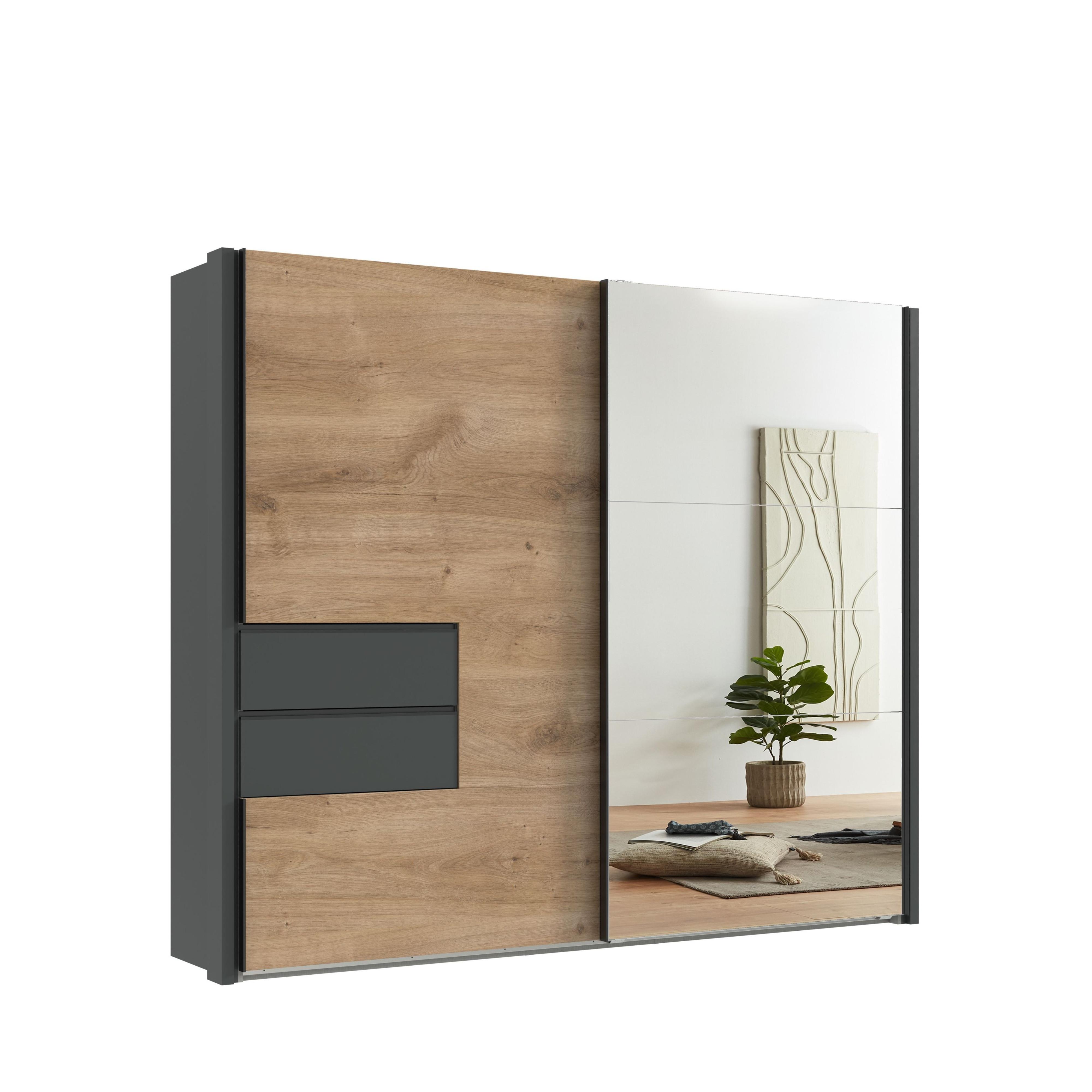 SCHWEBETÜRENSCHRANK 2-türig B262/H216/T65 cm, Korpus&Passepartout&Schubladen Grafit, Türen Eiche Dekor/Spiegel, Kleiderschrank inkl. Vollausst./ 22060 - Eichefarben/Bordeaux, Holzwerkstoff/Metall (262/216/65cm) - luma-home