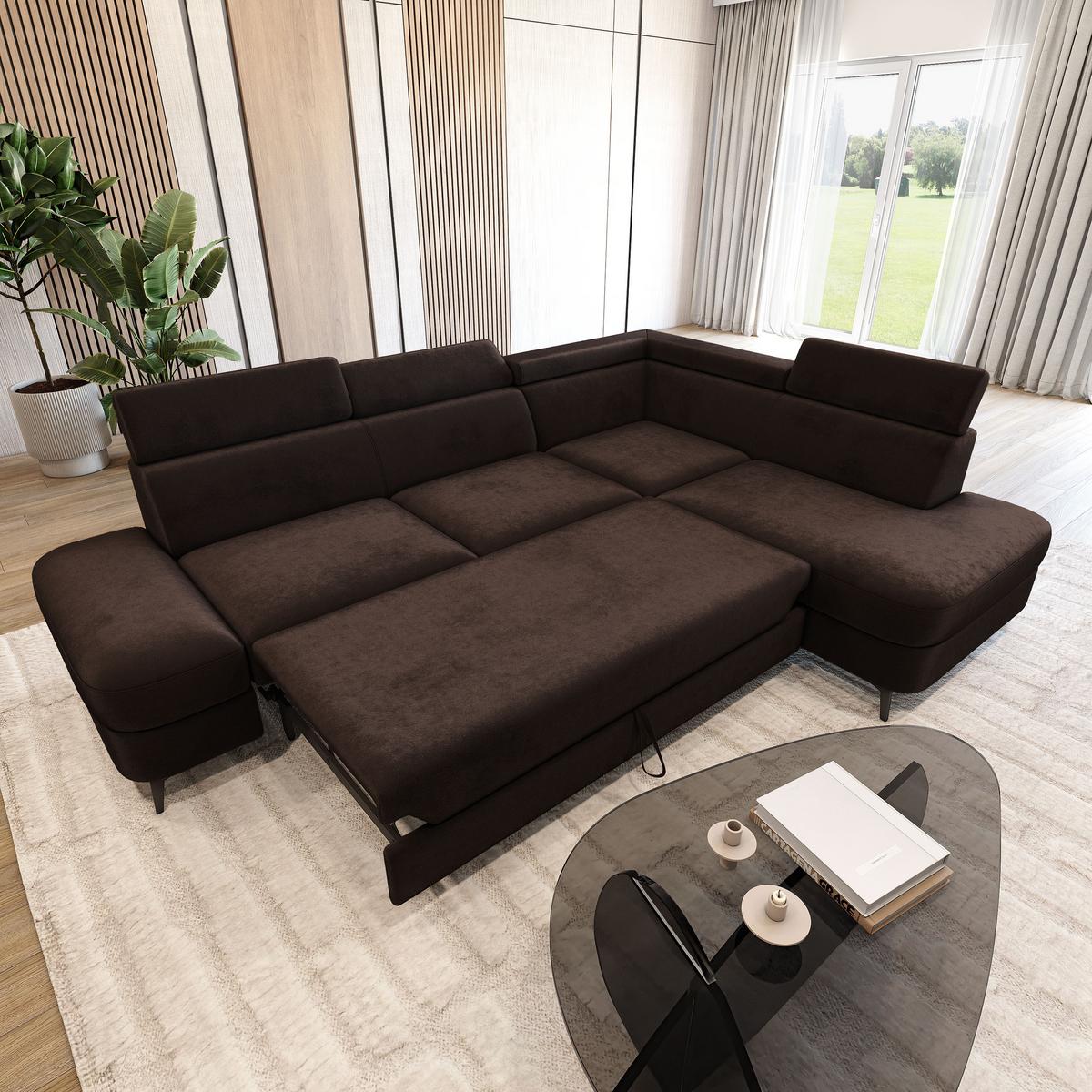 ECKSOFA AVISE M R-S Braun Velours-Stoff mit Schlaffunktion - Braun, Holzwerkstoff/Textil (268/195cm) - MASSENO