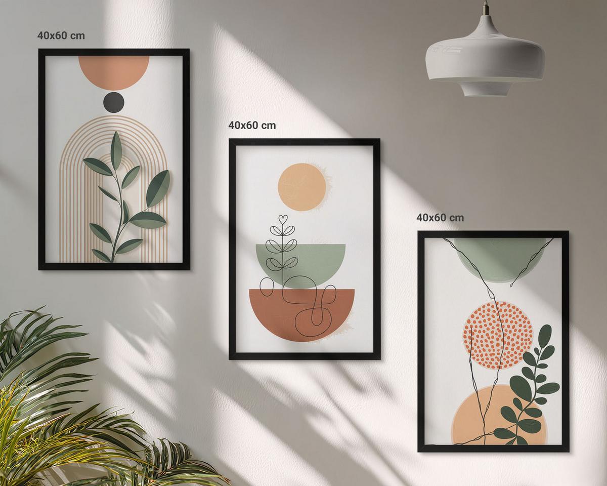 BILDER SET 3er Set - 40x60 cm Schwarzer Rahmen - Abstrakte Pflanzenformen - Schwarz, Kunststoff (40/60cm) - TULUP