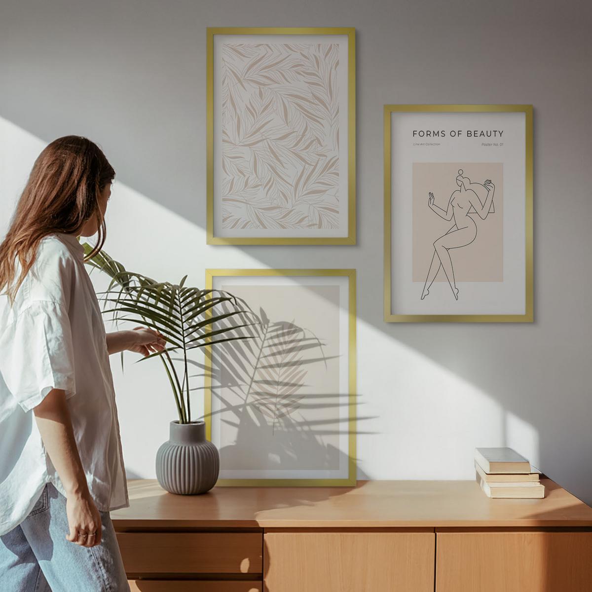 BILDER SET 3er Set - 40x60 cm Goldrahmen - Minimalistische botanische Motive - Goldfarben, Kunststoff (40/60cm) - TULUP