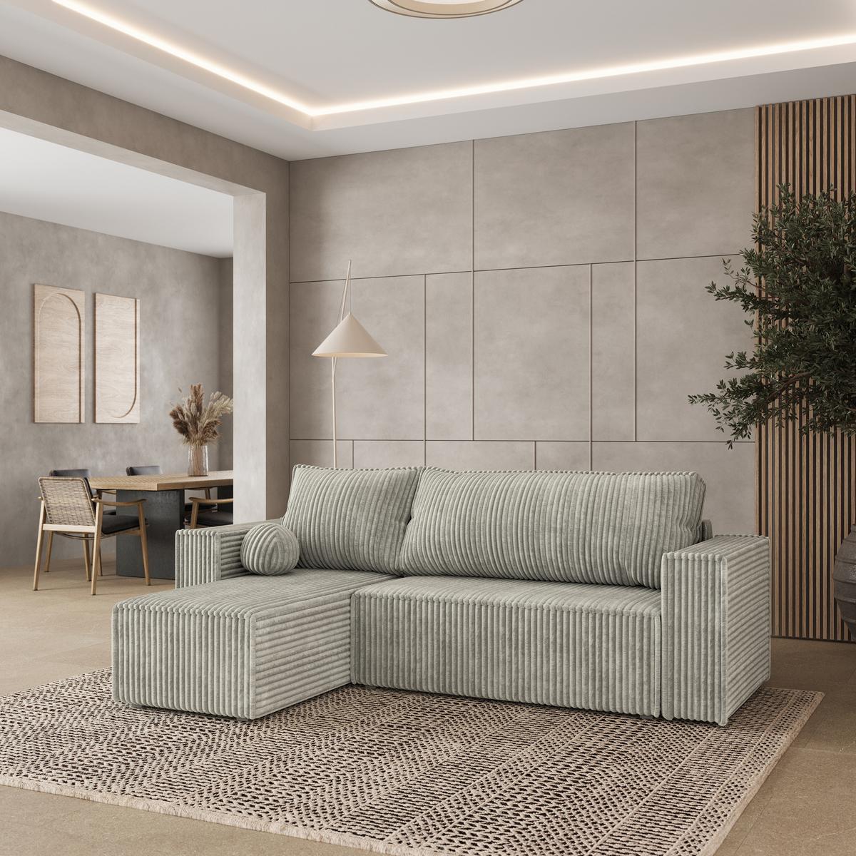 ECKSOFA RAVELO T Hellgrau Kordstoff mit Schlaffunktion - Hellgrau/Grau, Holz/Kunststoff (240/140cm) - MASSENO