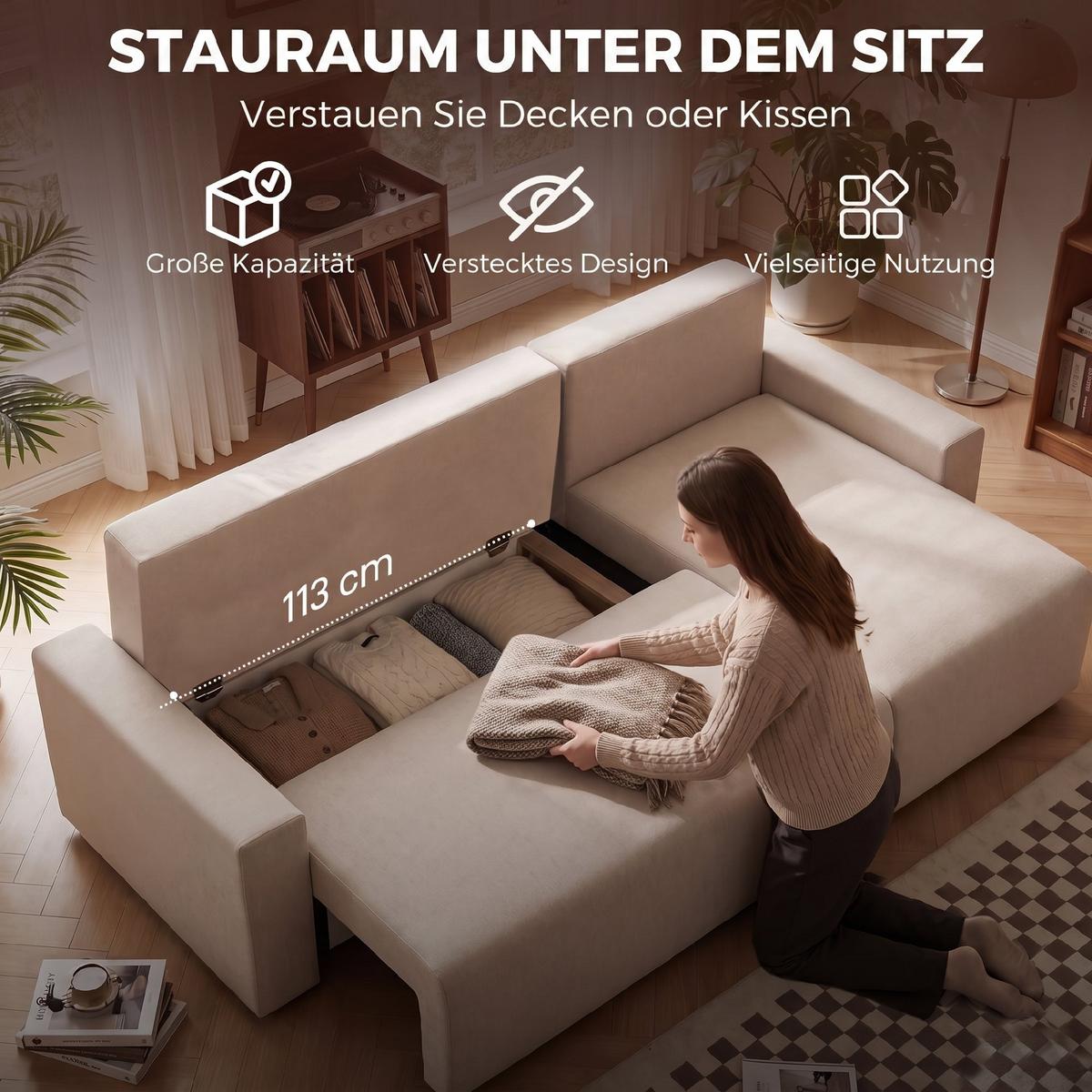 SCHLAFSOFA Polyester Beige - Beige/Schwarz, Holzwerkstoff/Kunststoff (125/86/226cm) - HOMCOM