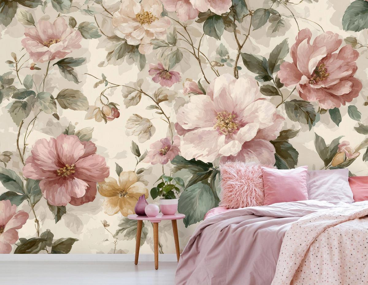 FOTOTAPETE Blumen Vintage Beige 350x250 cm - Multicolor, Papier (350/250cm) - Wallarena