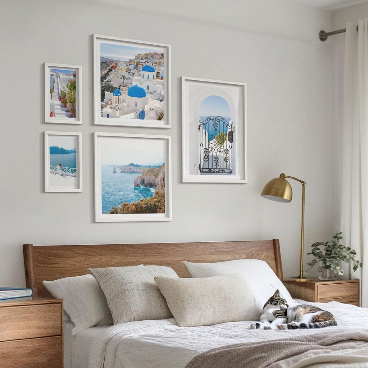 BILDER SET 5er Set - 50x50 cm & 20x30 cm & 40x60 cm Weißer Rahmen - Weiße Treppenpflanzen Meer - Weiß, Kunststoff (40/60cm) - TULUP