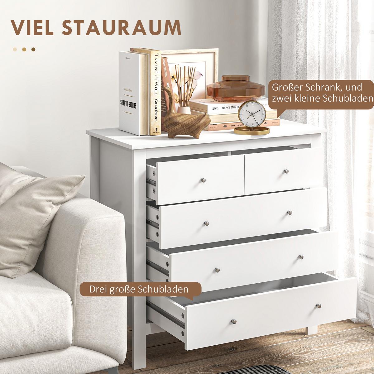 KOMMODE Beistellschrank mit 5 Schubladen Sideboard mit Anti-Kipp-Schutz Weiß - Weiß, Metall (39.5/80.5/79cm) - HOMCOM