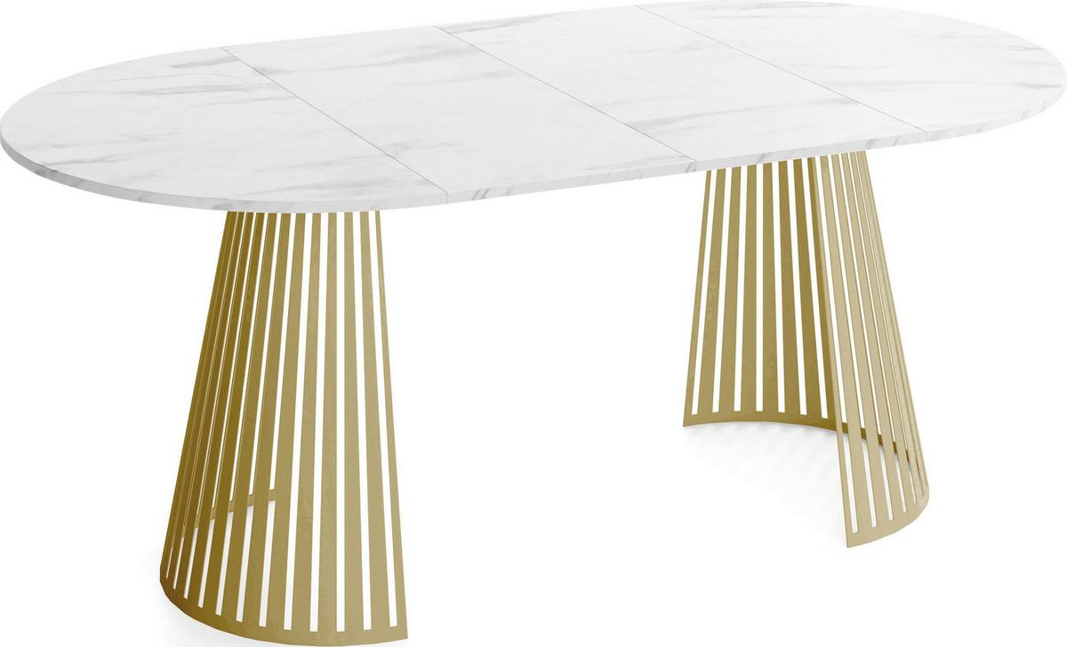 ESSTISCH Naro rund ausziehbar mit Goldenem Lamellen-Metallgestell, Marmor Weiß 100-180/100/76 cm - Ecru/Goldfarben, Holzwerkstoff/Metall (100/176/76cm) - WFL GROUP