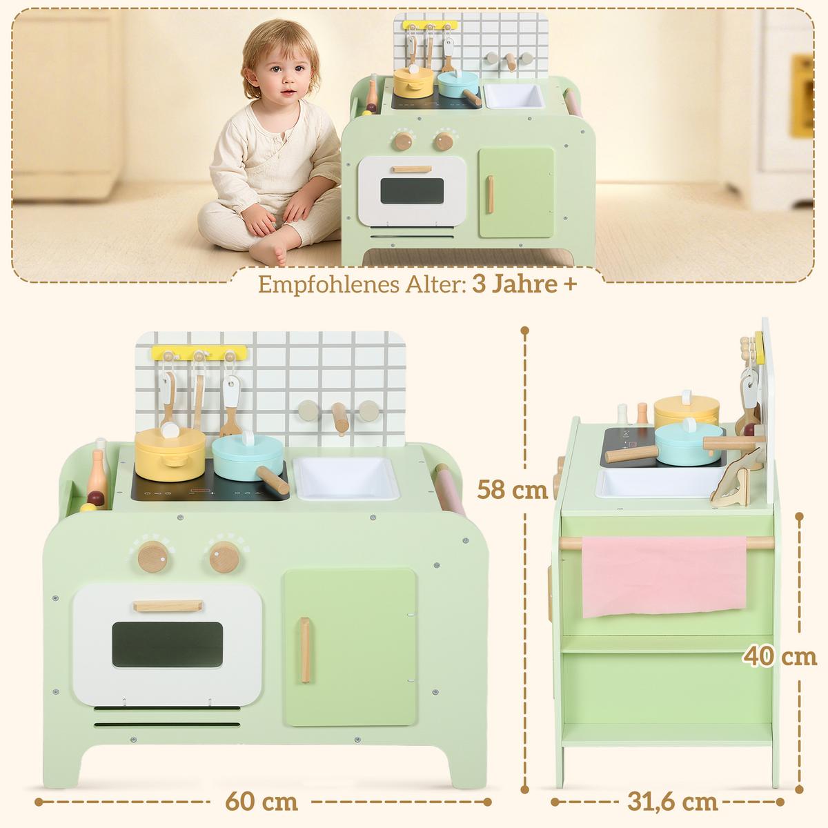 KINDER-SPIELKÜCHE mit Mikrowelle Spüle und Zubehör Grün - Grün, Holzwerkstoff (60/31.6/58cm) - AIYAPLAY