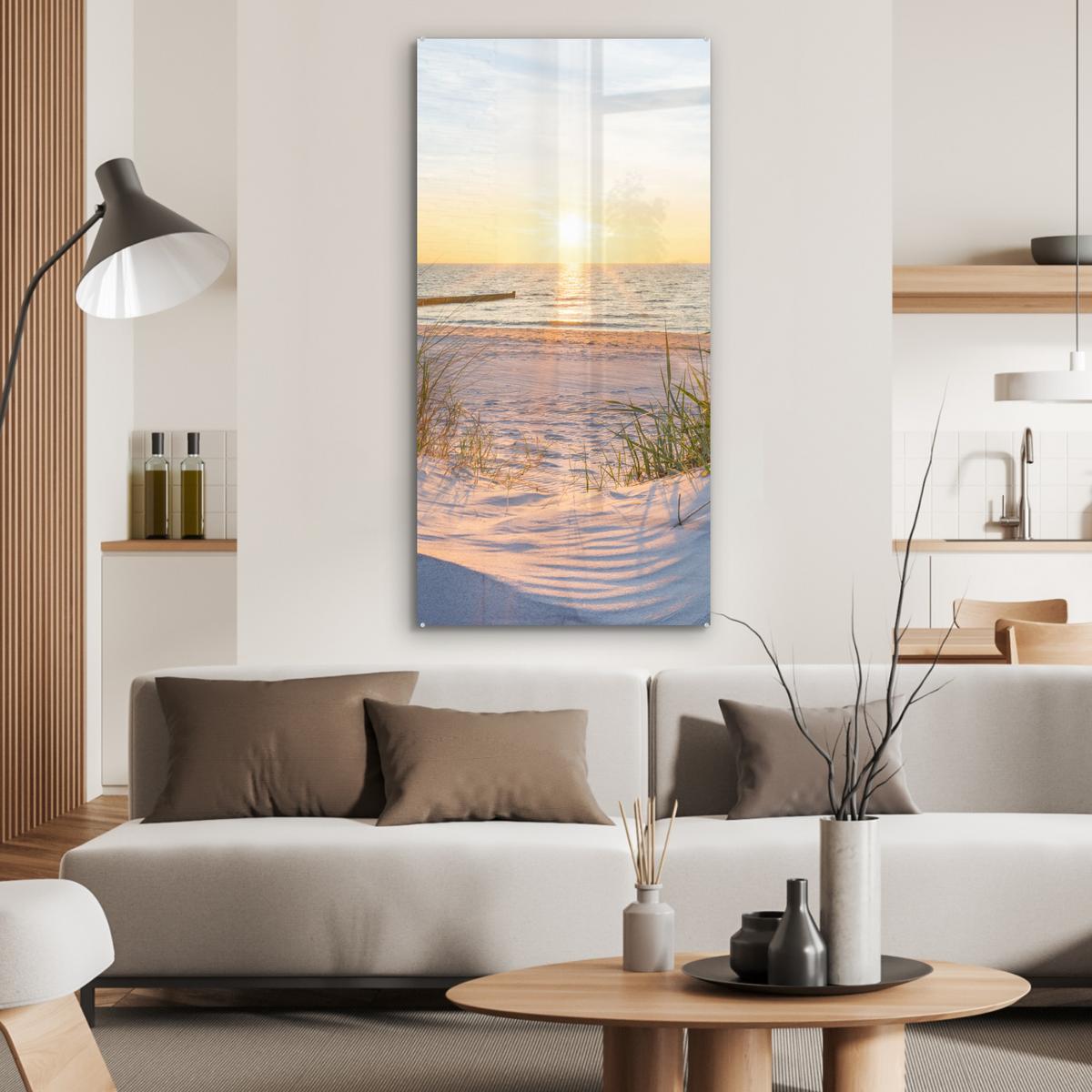ACRYLGLASBILD Strand - Sonne - Düne - Gras - Sand - Horizont 60x120 cm - Hellblau, Glas (60/120cm) - MuchoWow
