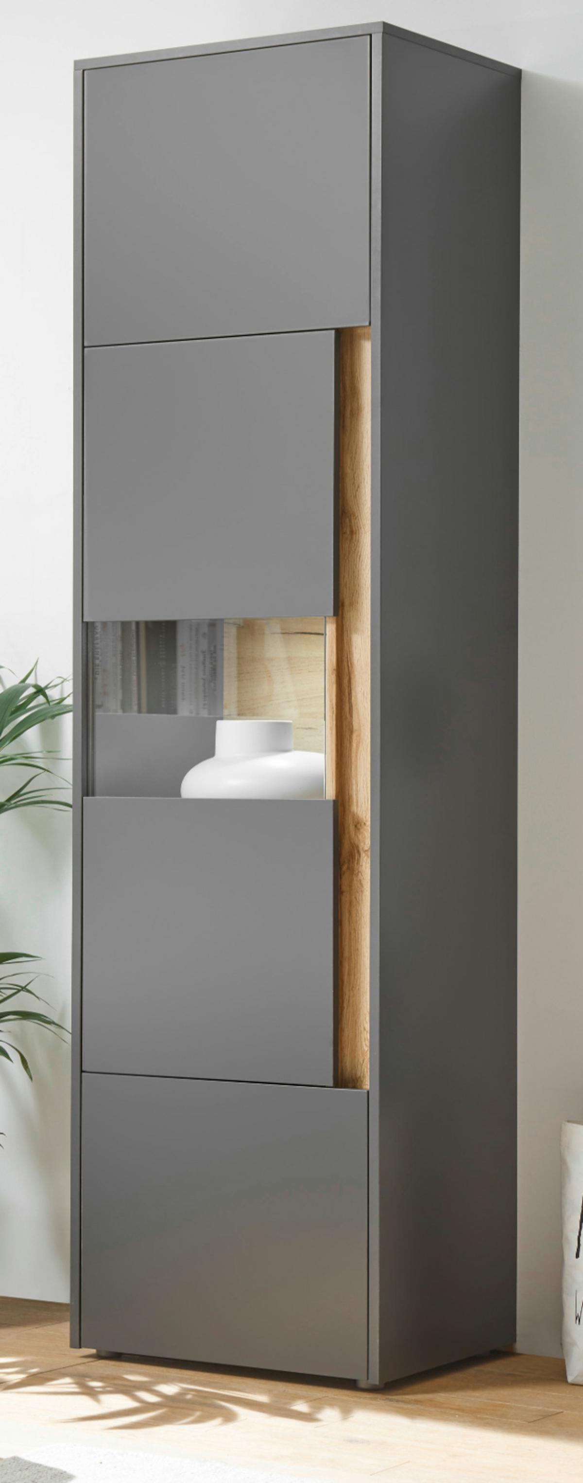 VITRINE grau matt, Eiche Wotan 50 x 197 cm, Vitrinenschrank 5 Fächer - Eiche Wotan/Schwarz, Glas/Holz (50/197/40cm) - Furn.Design