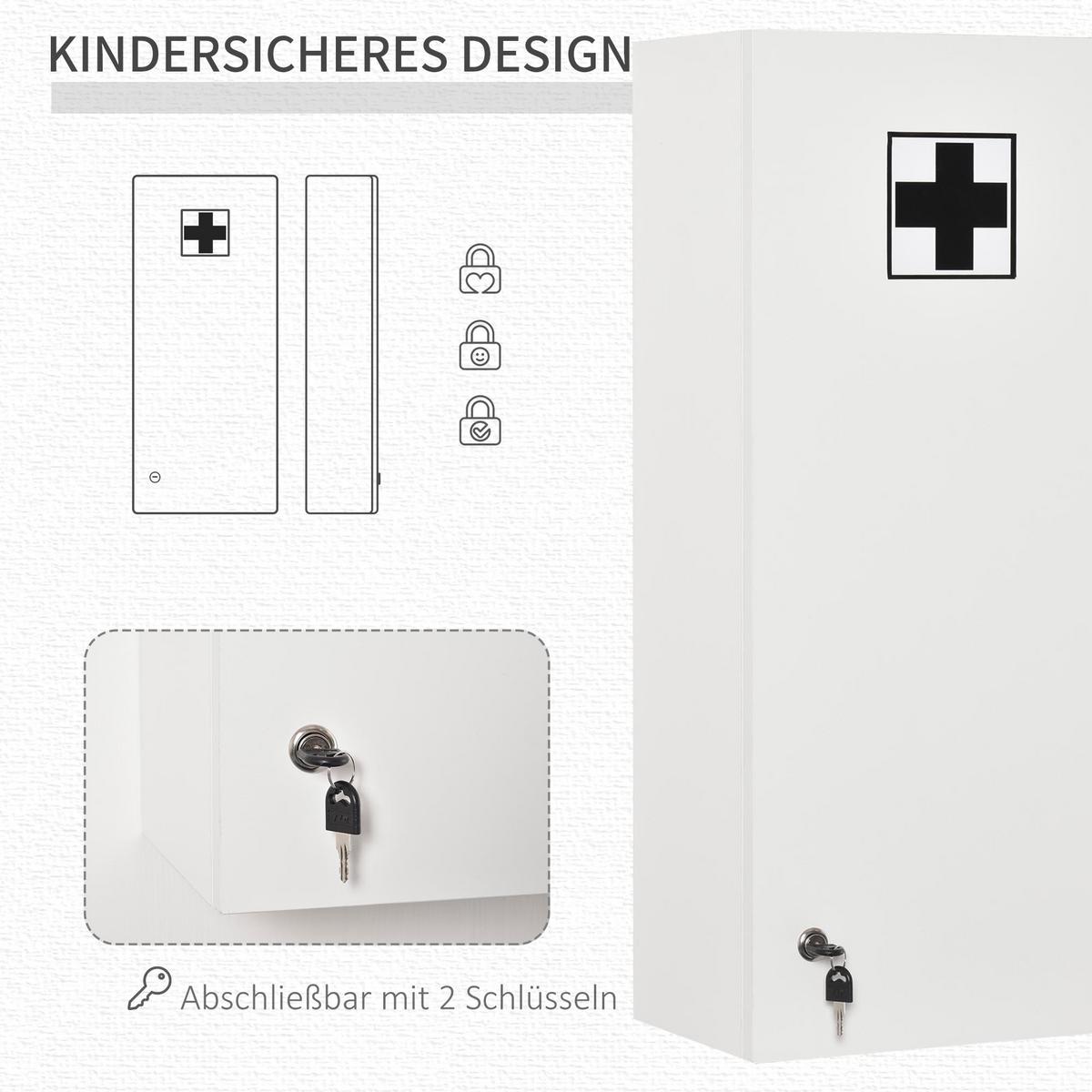 MEDIZINSCHRANK Arzneischrank mit Ablage abschließbarer Hängeschrank Weiß - Weiß, Glas (20/70/30cm) - Kleankin
