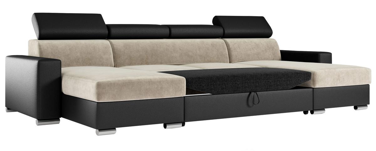 WOHNLANDSCHAFT FOX U Beige/Schwarz - Velvet/Kunstleder - Beige/Silberfarben, Kunststoff/Textil (306/98/168cm) - MKS