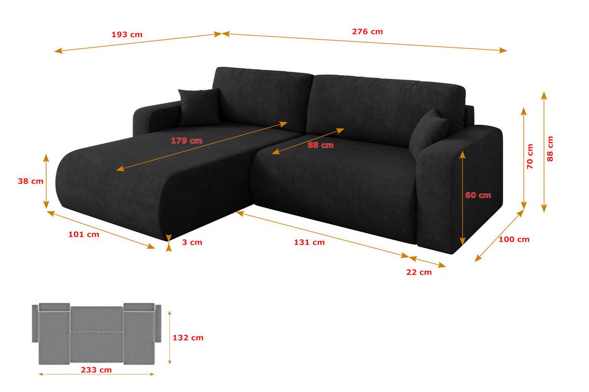 ECKSOFA mit Schlaffunktion Ottomane Links BERY-L 276x193x88 Schwarz Velours - Schwarz, Holzwerkstoff/Kunststoff (276/193cm) - ALTDECOR
