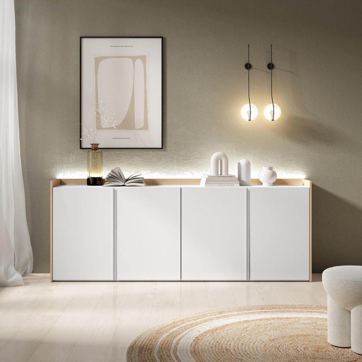 SIDEBOARD, Weiß und Eiche, 207/35/80cm, mit Led - Weiß, Holzwerkstoff (207/80/35cm) - Skraut Home