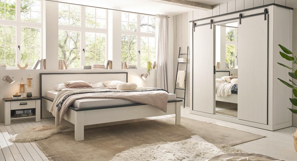 KLEIDERSCHRANK weiß Pinie, anthrazit Landhaus, Schiebetürenschrank 3-türig mit Spiegel 201 x 209 - Anthrazit/Weiß, Holzwerkstoff/Metall (201/209/63cm) - Furn.Design