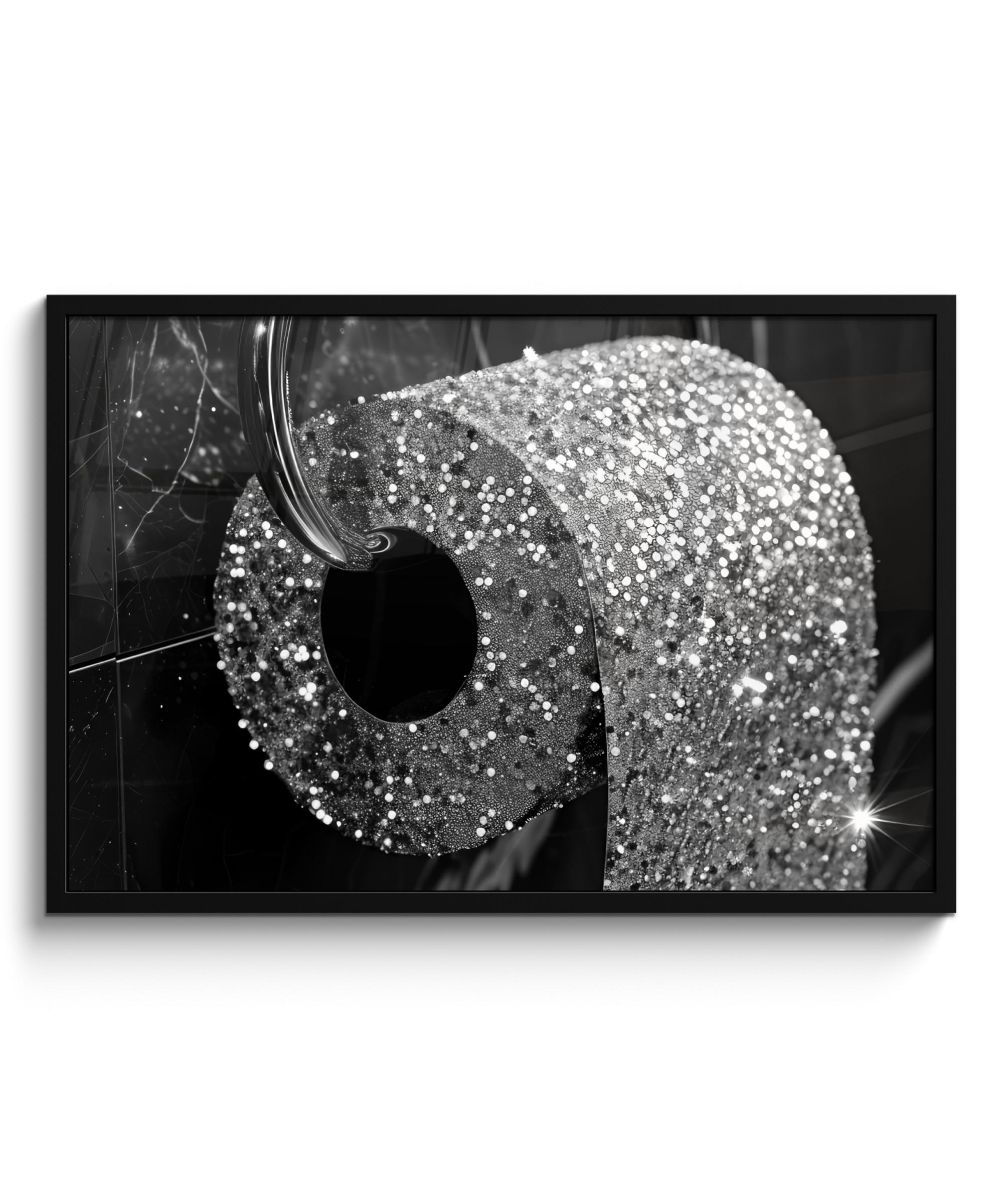 POSTER MIT RAHMEN WC - Toilettenpapier - Schwarz und weiß - Glitter 90x60 cm - Silberfarben, Papier (90/60cm) - MuchoWow