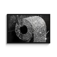 POSTER MIT RAHMENGERAHMTES BILD WC - Toilettenpapier - Schwarz und weiß - Glitter 90x60 cm - Silberfarben, Papier (90/60cm) - MuchoWow