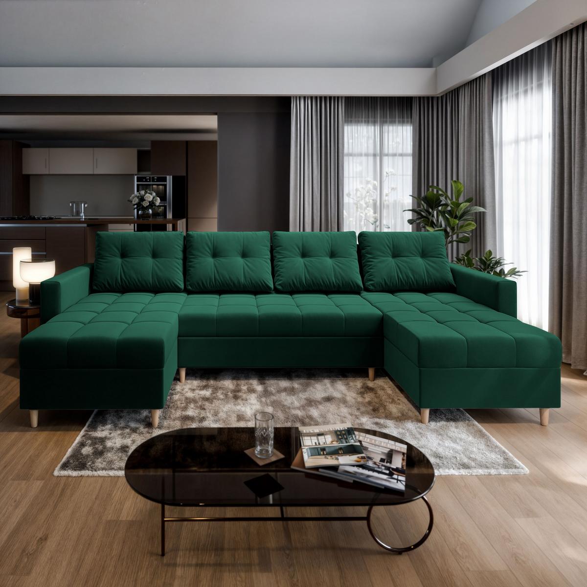 WOHNLANDSCHAFT MILO U Grün Plüsch-Stoff mit Schlaffunktion - Braun/Grün, Holz/Textil (285/91/140cm) - MASSENO