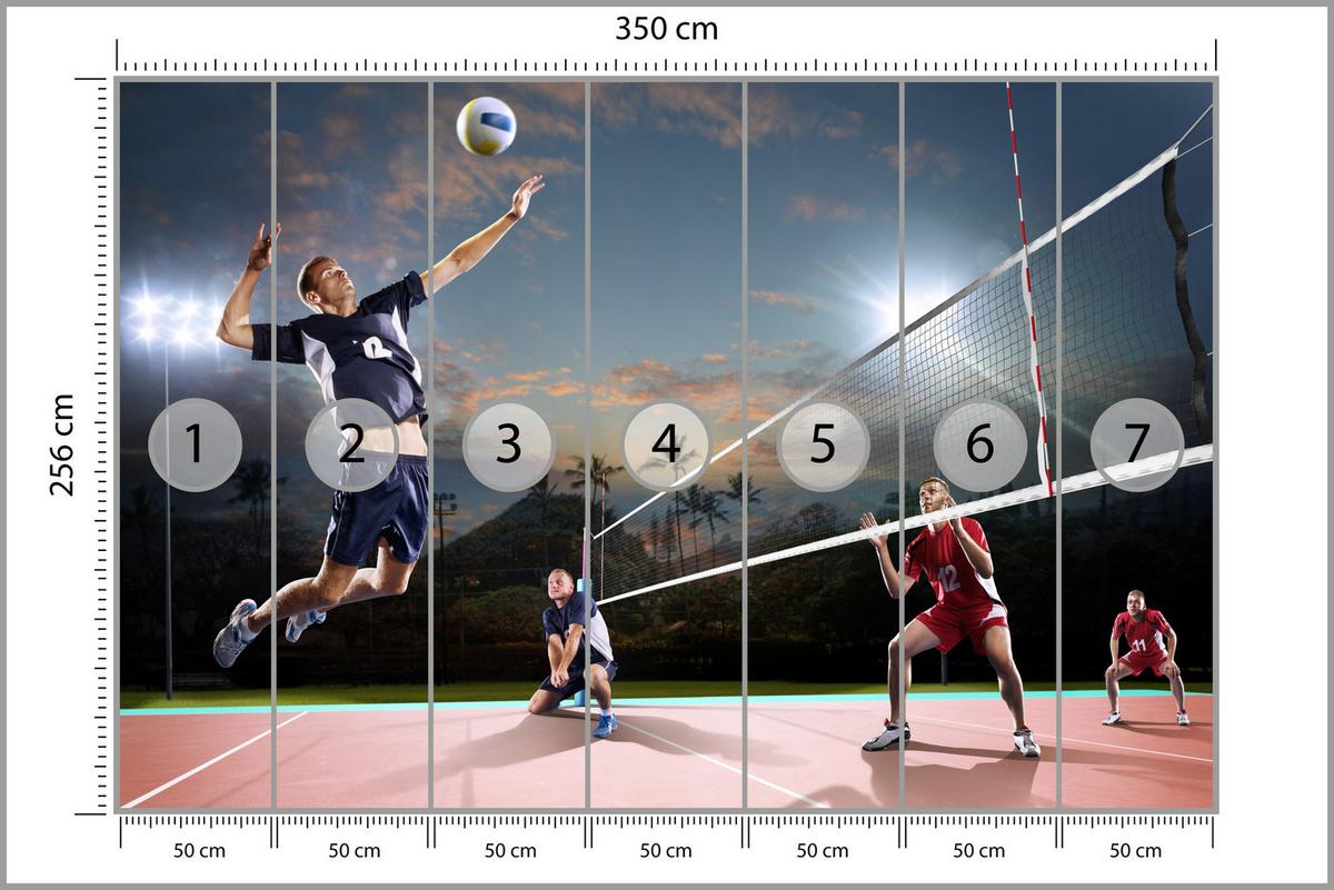 FOTOTAPETE für Jugendzimmer Volleyball Strand Tropen Match Spieler Palmen 350x256 - Rot/Schwarz, Papier (350/256cm) - Muralo