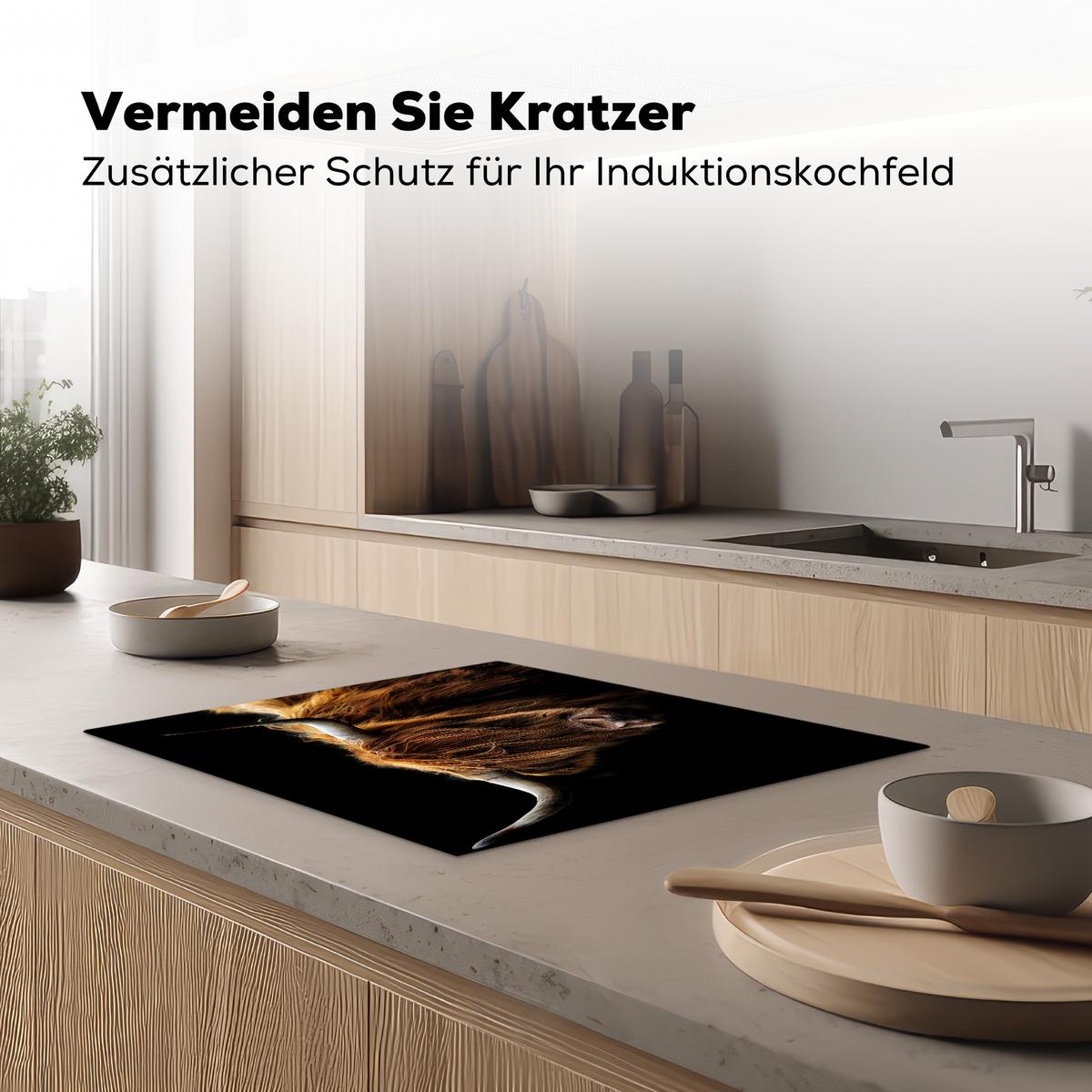 HERDABDECKPLATTE Schottischer Highlander - Hörner - Schwarz - Tiere - Natur - Wild - Kuh Herdabdeckung Induktionsfeld 65x52 cm - Cognac, Kunststoff (65/52/0.2cm) - MuchoWow