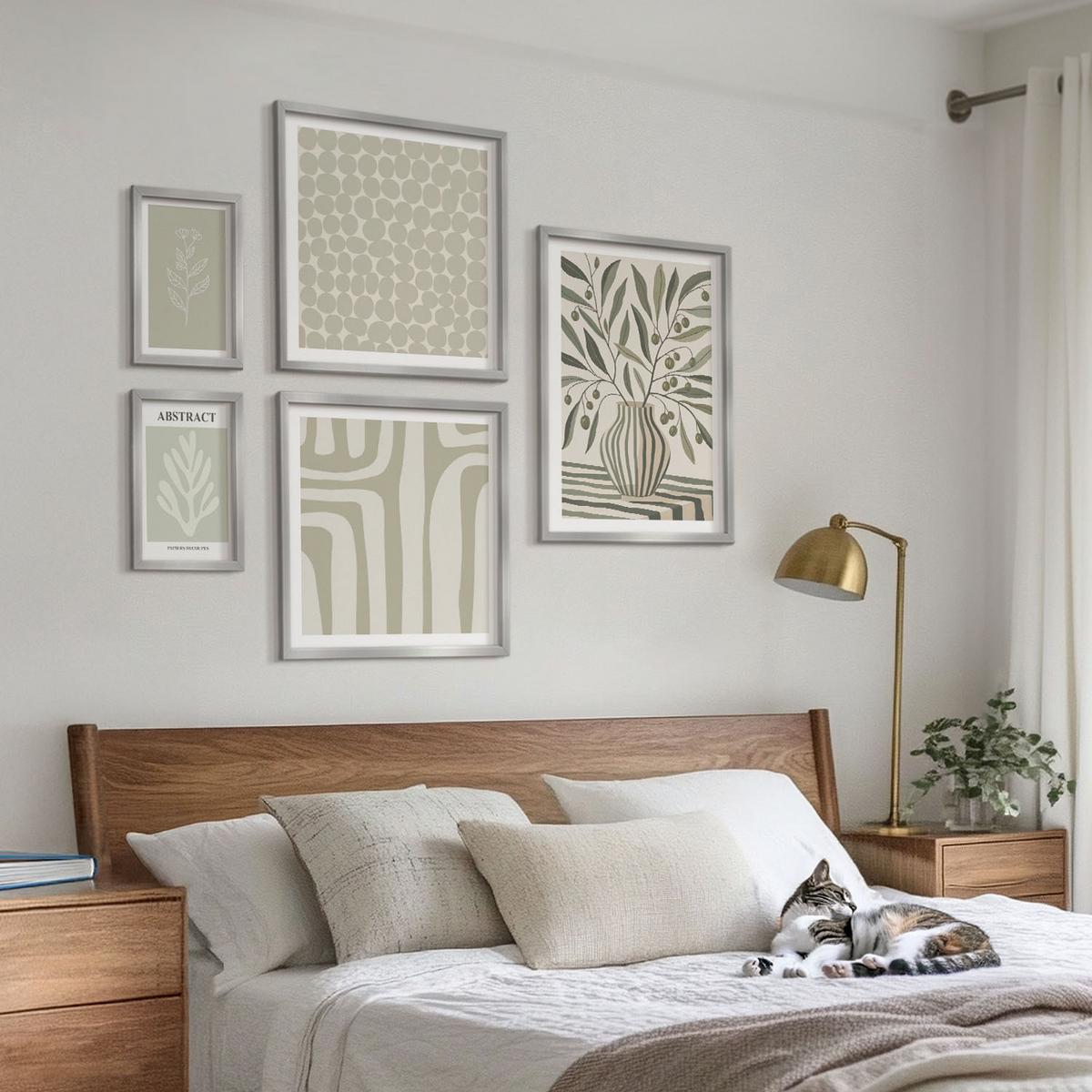 BILDER SET 5er Set - 50x50 cm & 20x30 cm & 40x60 cm Silberner Rahmen - Abstrakte Pflanzenmuster - Silberfarben, Kunststoff (40/60cm) - TULUP