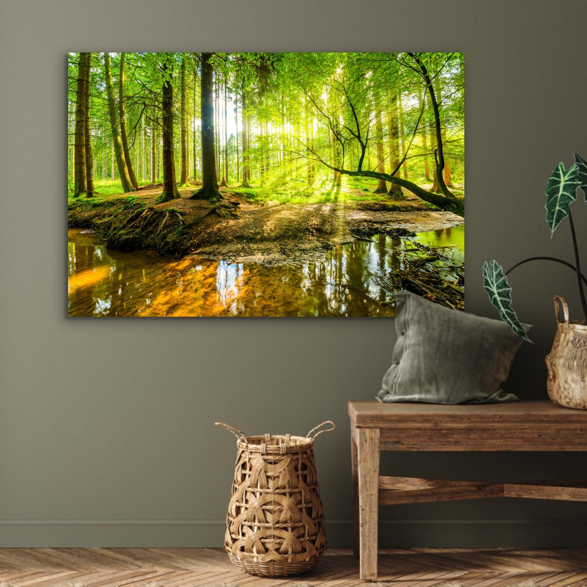 METALLBILD Wald - Landschaft - Wasser - Bäume - Sonne - Grün - Natur Wanddeko 90x60 cm - Grün, Metall (90/60cm) - MuchoWow