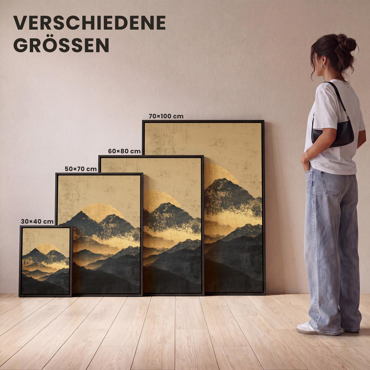 LEINWAND Bilder mit Rahmen - Goldene Berge bei Mondschein - 30x40 - Goldfarben, Textil (30/40cm) - MuchoWow