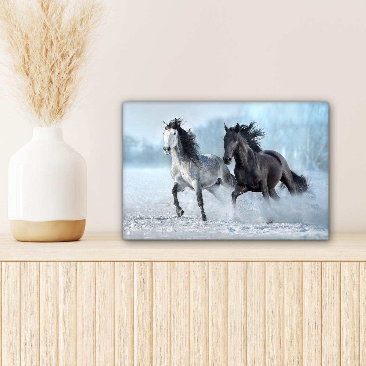 LEINWANDBILD Pferde - Winter - Tiere - Natur - Schnee Deko Schlafzimmer 30x20 cm - Anthrazit, Textil (30/20cm) - MuchoWow
