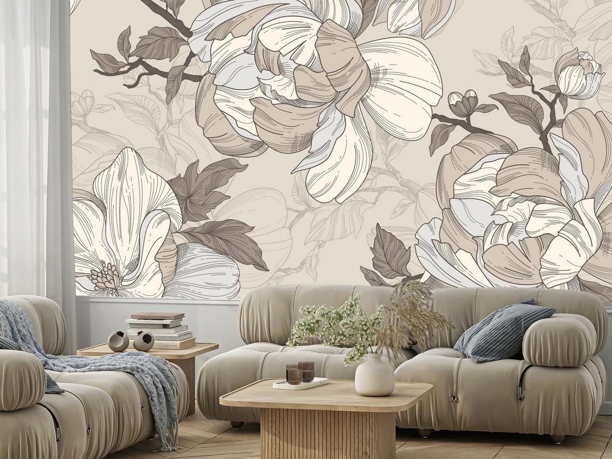 FOTOTAPETE für Wohnzimmer Natur Große Blüten Blätter Pflanzen 100x70 - Beige/Creme, Papier (100/70cm) - Muralo