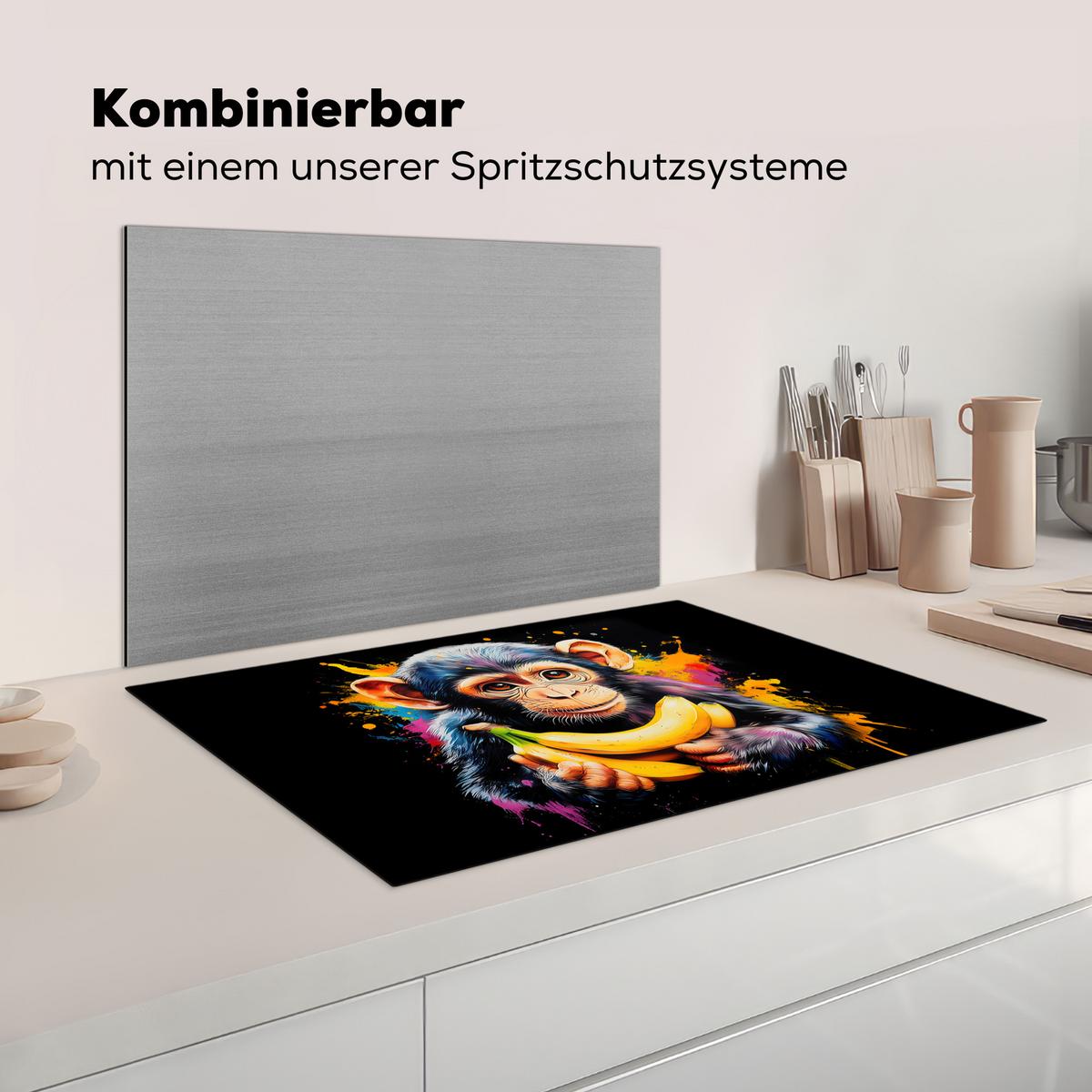 HERDABDECKPLATTE Affe - Graffiti - Farbenfroh - Bananen - Modern Induktionsschutz 80x52.2 cm - Gelb, Kunststoff (80.2/52.2/0.2cm) - MuchoWow