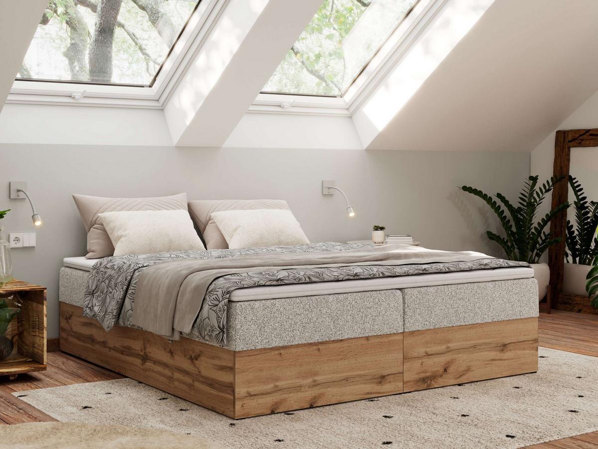 BOXBETT WOOD ZERO 160/200 - Hellgrau Struktur - H3 - Topper Visco - Hellgrau, Textil (160/200cm) - MKS