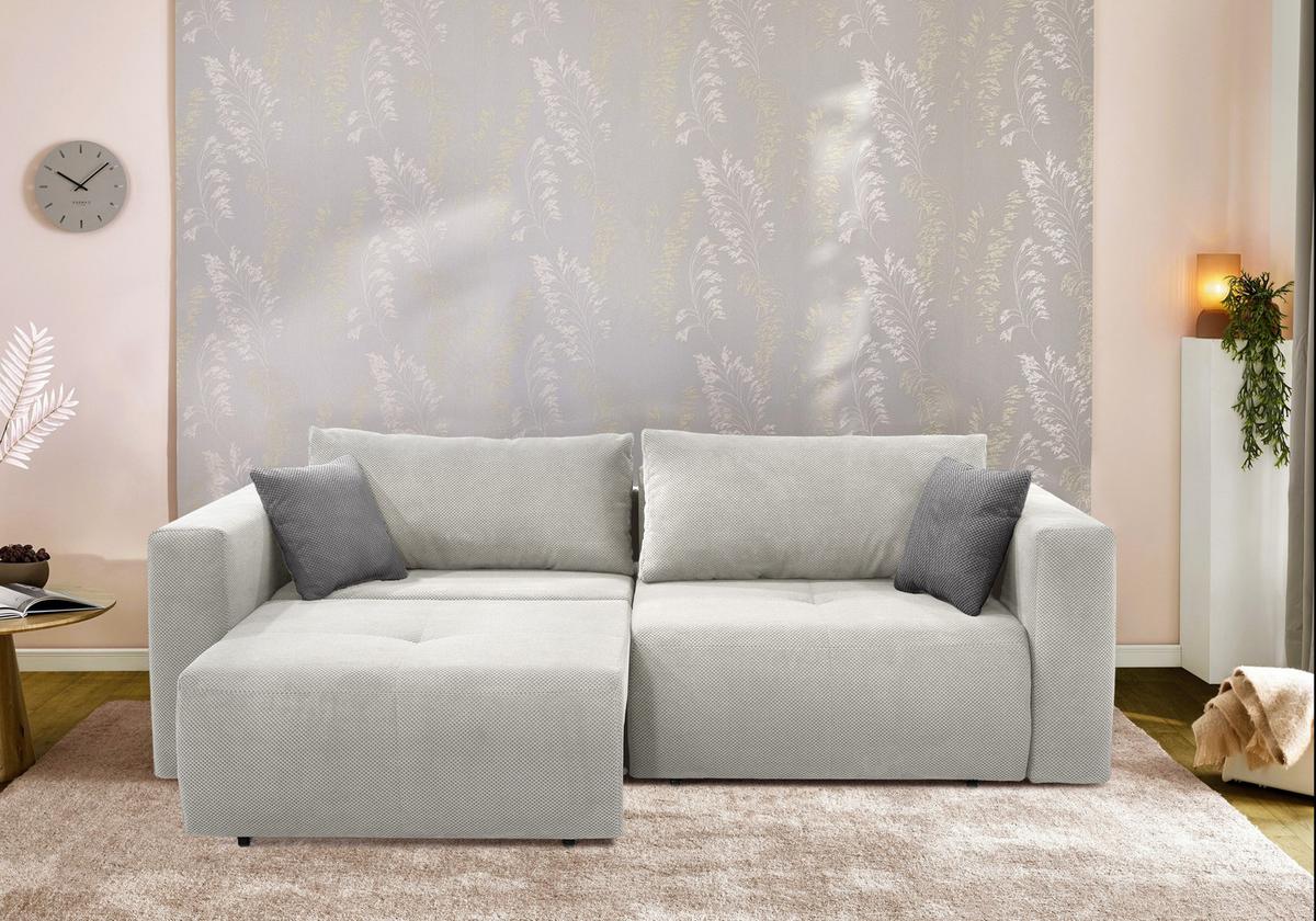 SCHLAFSOFA Verwandlung: Big-Sofa/Eckcouch, 2 Bettkästen, B243/T115-161/H84 cm, Liegefläche 145x197 cm, Waffelcord Silbergrau / 15242 - Silberfarben/Schwarz, Kunststoff/Textil (243/84/115cm) - luma-home