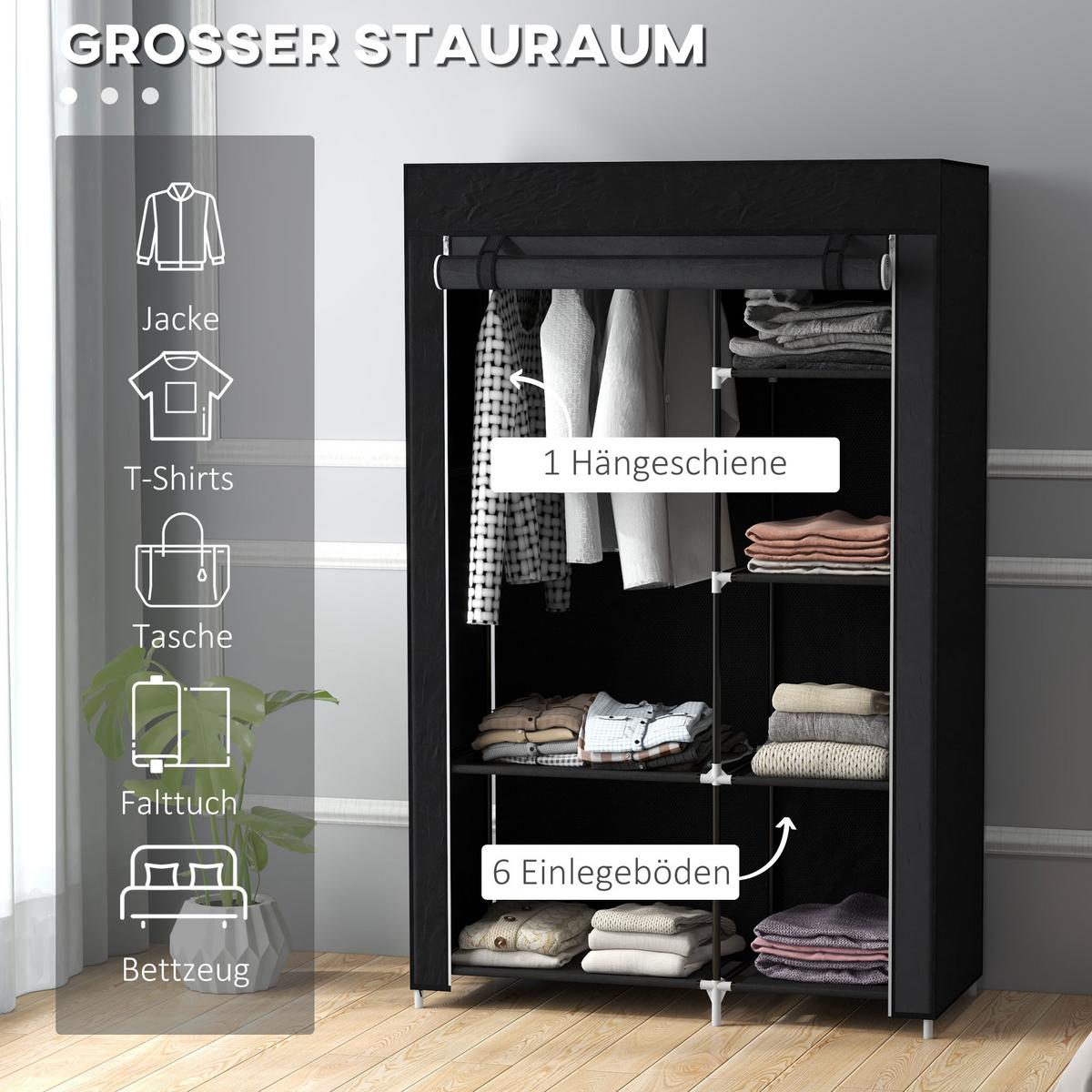 KLEIDERSCHRANK Stoffschrank Faltschrank mit 2 Kleiderstangen, 6 Fächern, Schwarz - Schwarz, Metall (43/162.5/103cm) - HOMCOM