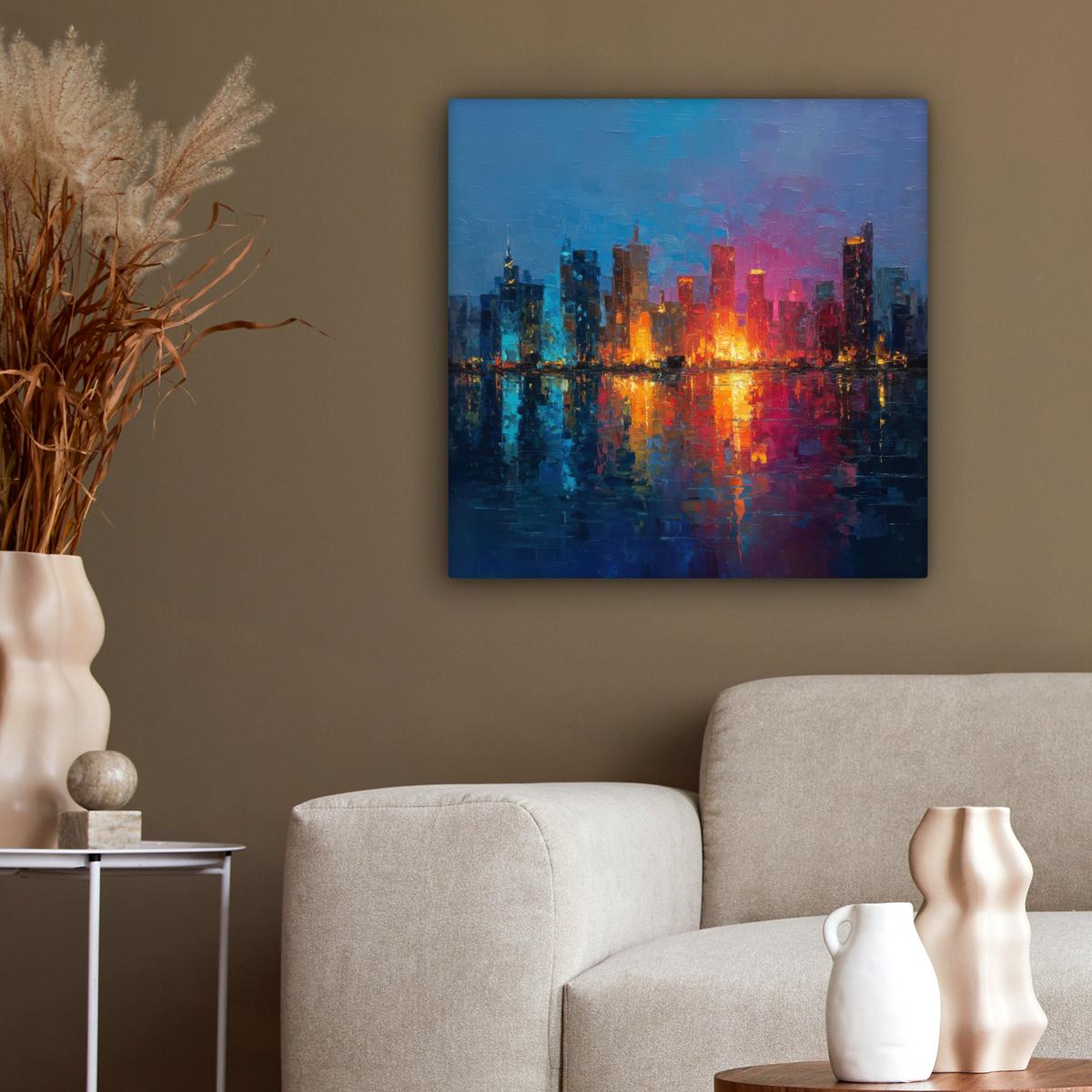 LEINWANDBILD Skyline - Pinselstriche - Dunkelblau - Leuchtend Wandbild Wohnzimmer 50x50 cm - Blau, Textil (50/50cm) - MuchoWow