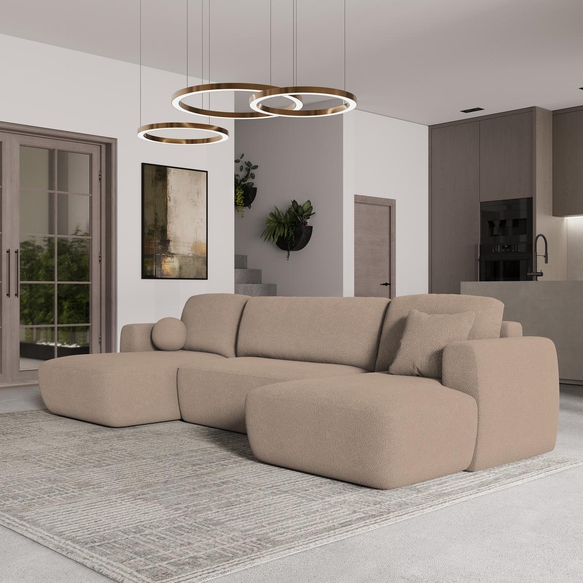 WOHNLANDSCHAFT SENTUM N Beige Boucle-Stoff mit Schlaffunktion - Beige/Schwarz, Holz/Kunststoff (330/90/148cm) - MASSENO