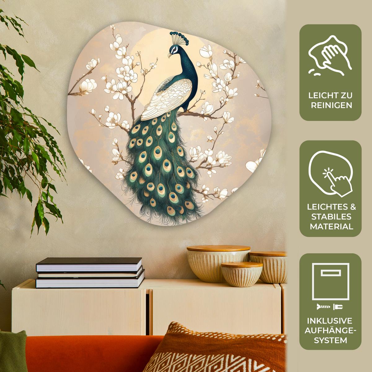 WANDBILD Pfau - Zweig - Blumen Room Decor 90x90 cm - Champagner, Kunststoff (90/90cm) - MuchoWow