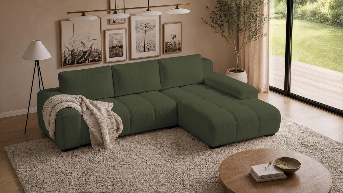 ECKSOFA Ovia mit Bettkasten und Schlaffunktion, Bouclé-Stoff in L-Form - Grün, Textil (270/185cm)