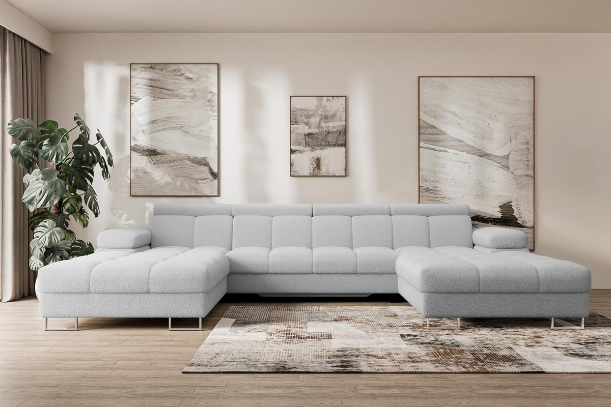 WOHNLANDSCHAFT mit Schlaffunktion und Bettkasten COMA U2 345x203x79 Hellgrau Bouclé - Edelstahlfarben, Holzwerkstoff/Textil (345/79/203cm) - ALTDECOR